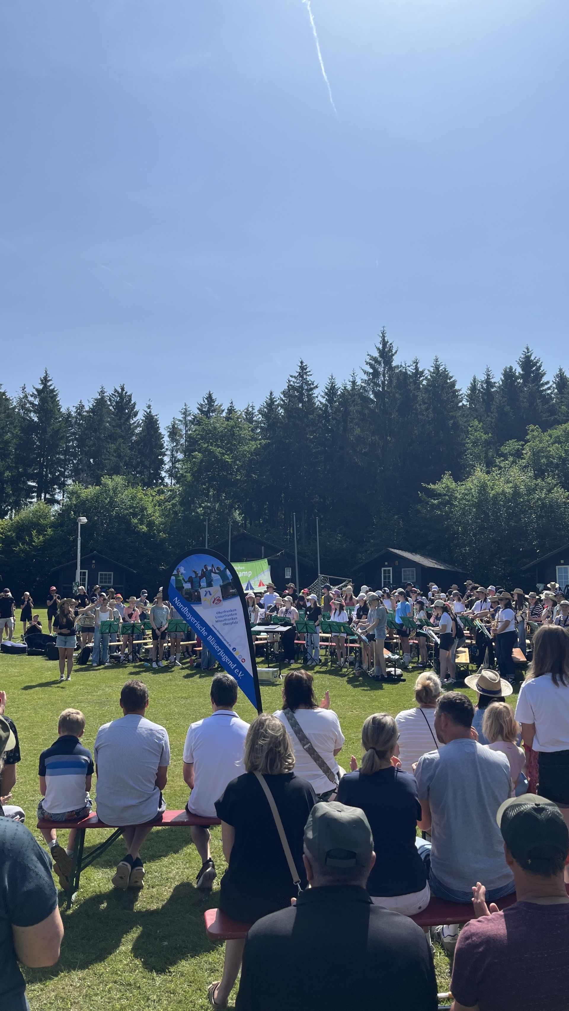 Auf einer Wiese geben viele junge Musiker:innen ein Konzert vor Publikum.