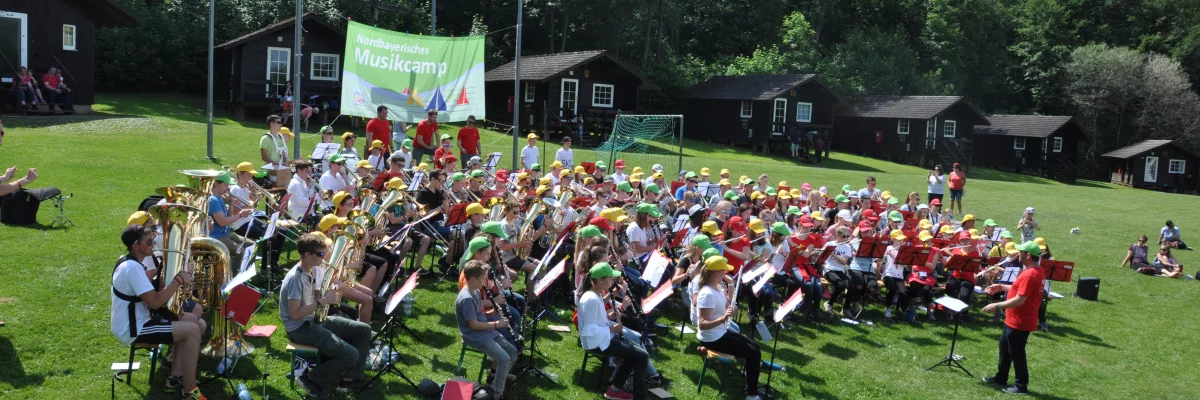 Kinder und Jugendliche spielen in einem Orchester auf einer grünen Wiese.