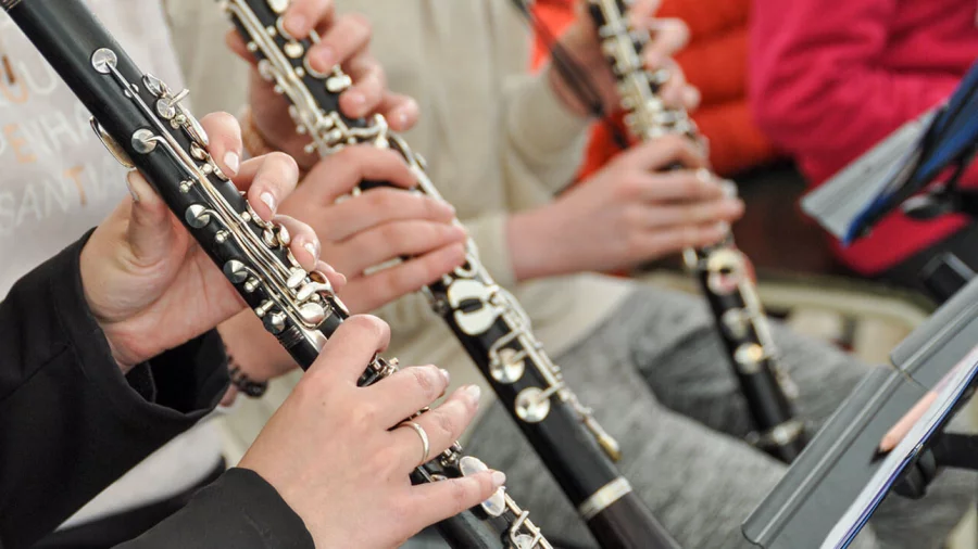 Drei Menschen sitzen vor Noten∙ständern und spielen Klarinette. Das Foto zeigt die Hände von den Menschen.