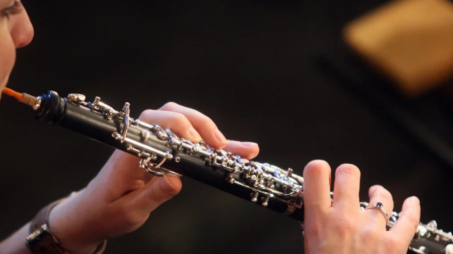 Eine Frau spielt Oboe, man sieht hauptsächlich die Hände. 